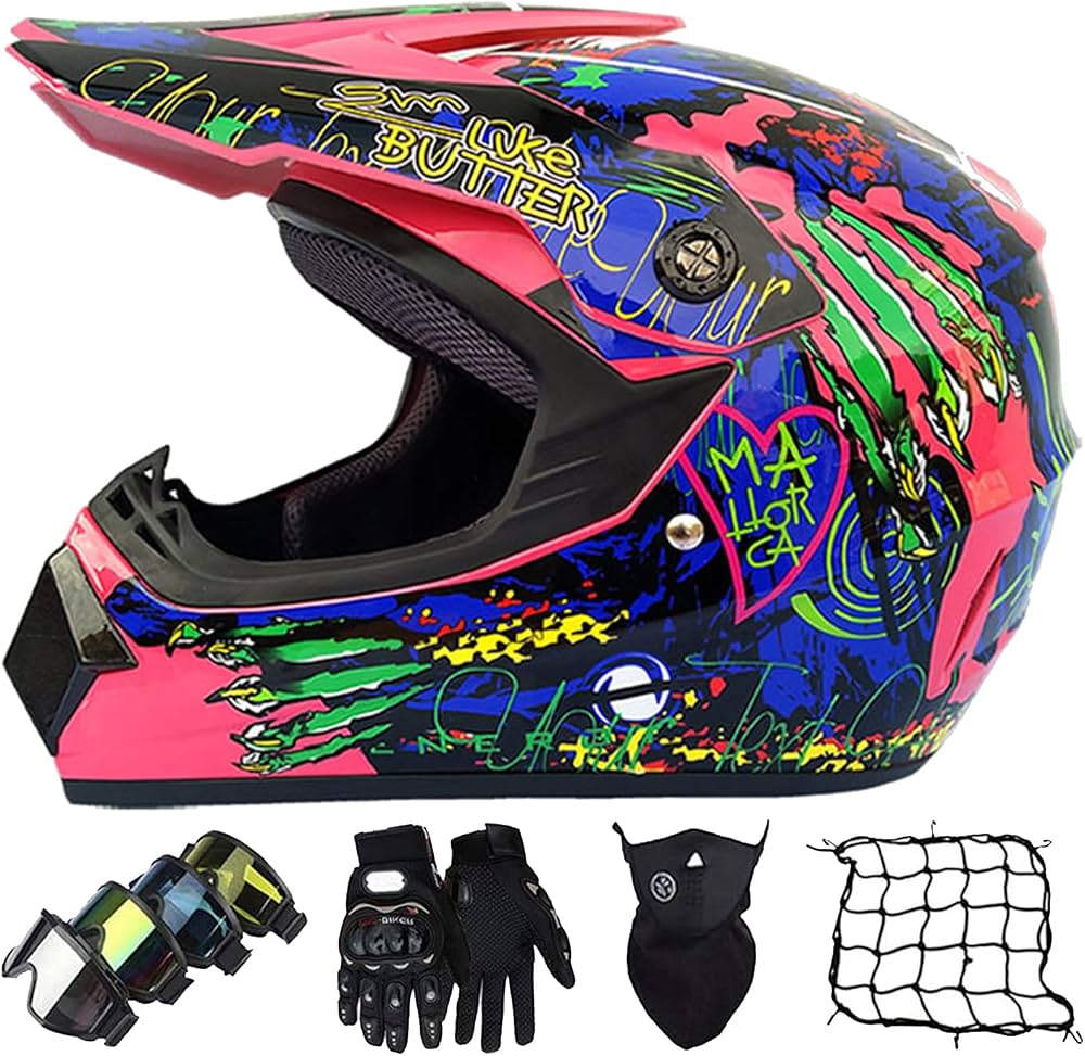 casque-bmx-214eyi-1.jpg Casque Moto Cross Set, Casque BMX Enfant avec Gants/Lunettes/Masques/Filet de Casque, DOT Homologué Casque Motocross Intégral Enduro Dirt Bike ATV ... – Image 1