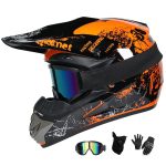 UIGJIOG Moto Motocross Casques,Imprimé Floral Vert et Orange Casque Integral VTT with Goggle Gants Masque Comprend 4 Tailles de Casque Adulte Enfant ...