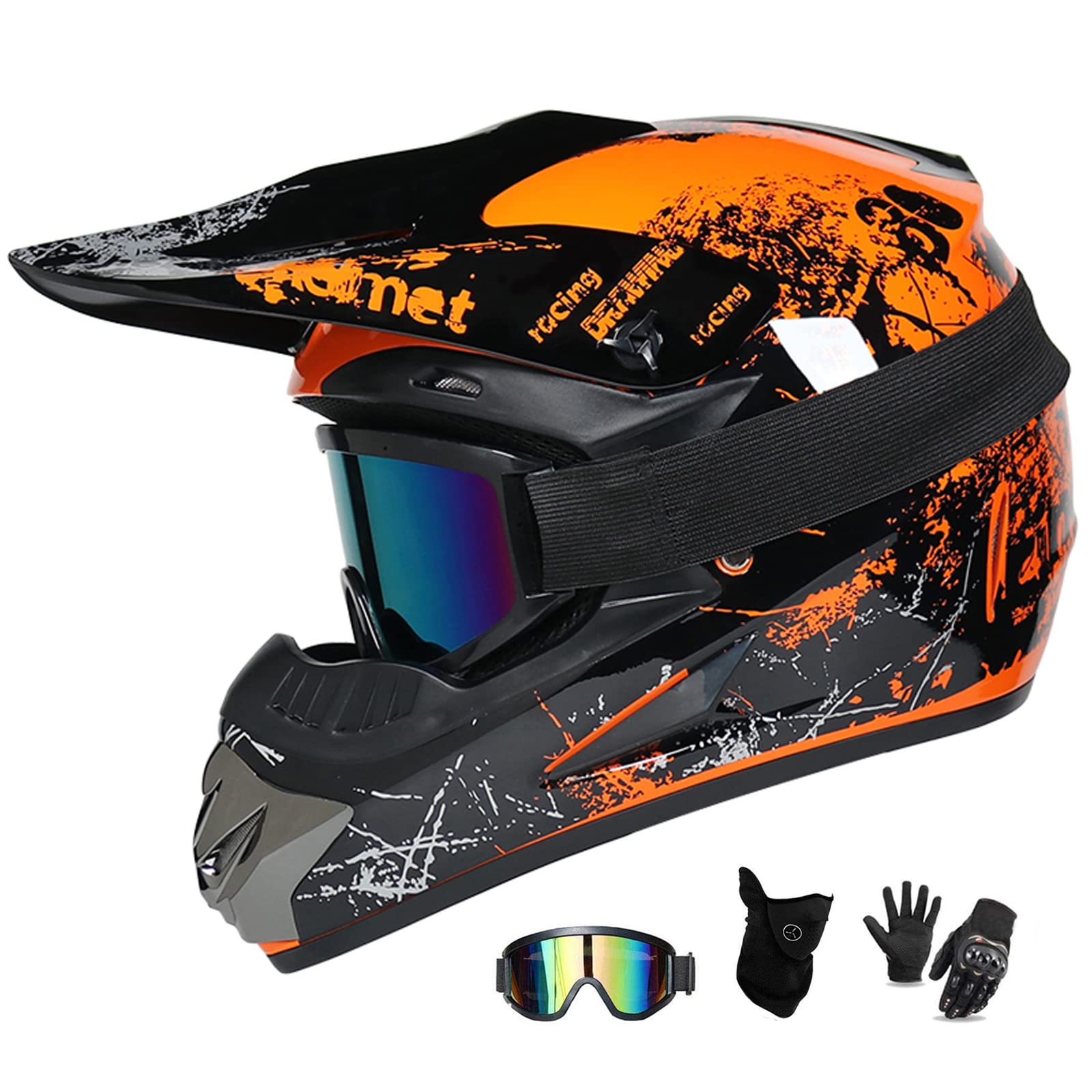 casque-integral-vtt-240fjt-1.jpg UIGJIOG Moto Motocross Casques,Imprimé Floral Vert et Orange Casque Integral VTT with Goggle Gants Masque Comprend 4 Tailles de Casque Adulte Enfant ... – Image 1