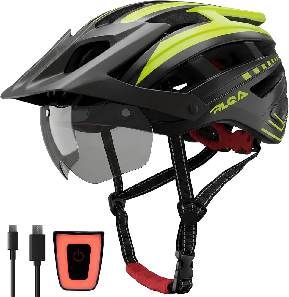 casque-velo-homme-212izw.jpg RLQA Casque Velo Homme Femme – Casque VTT/Route avec Visière Magnétique Détachable et Lunettes, 24 Aérations, Feu arrière LED, Taille Réglable ... – Image 1