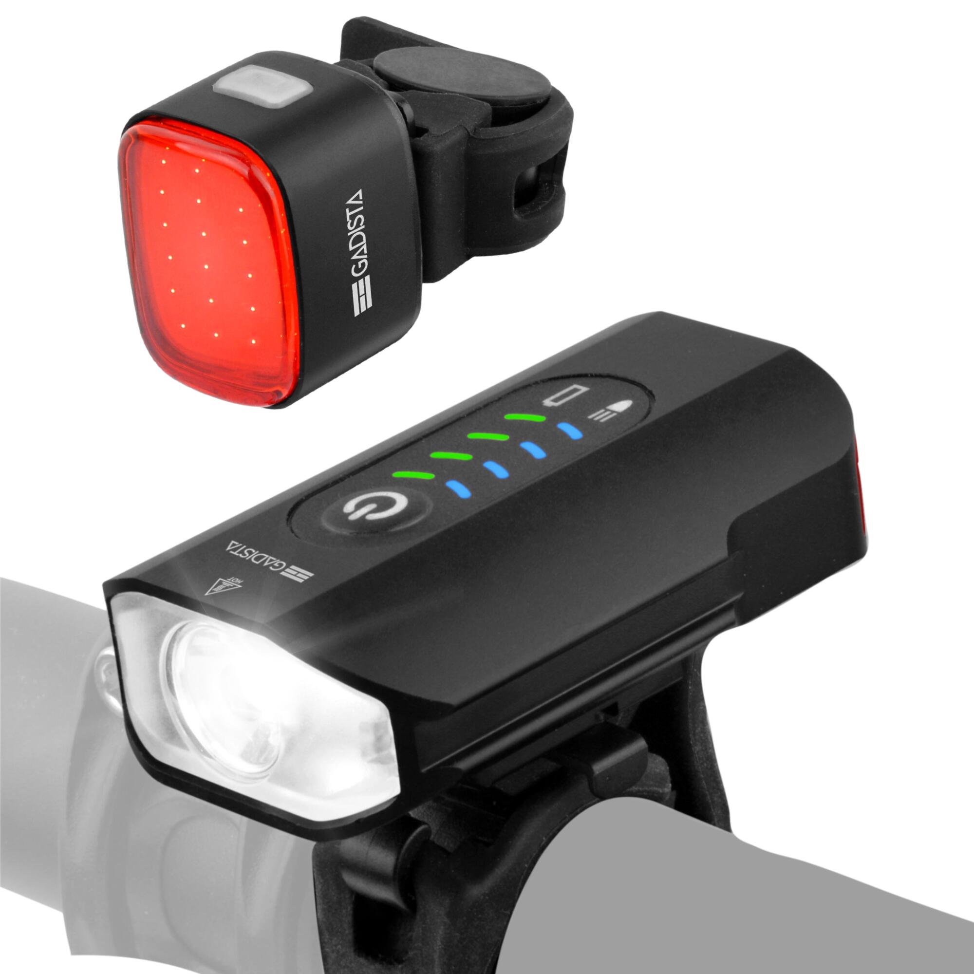 eclairage-velo-400juw-1.jpg Set Lumiere Velo Avant et Arriere rechargeable en Alu avec Affichage du Niveaux – Image 1