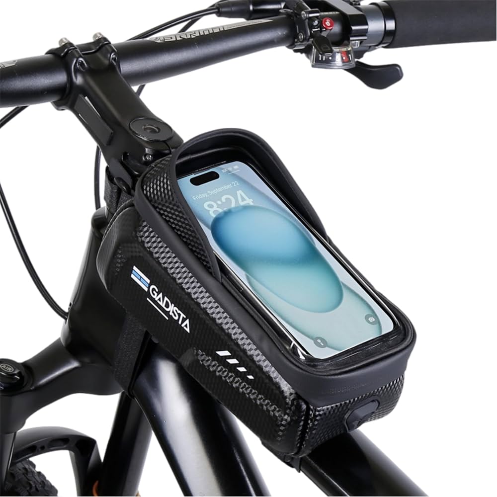 sacoche-de-velo-485amy.jpg GADISTA Sacoche Vélo Cadre VTT Étanche Support Téléphone Tactile 1,5 L | Écran 6,8 pouces, 4 velcros, pare soleil et bandes réfléchissantes, pour vélo ... – Image 1