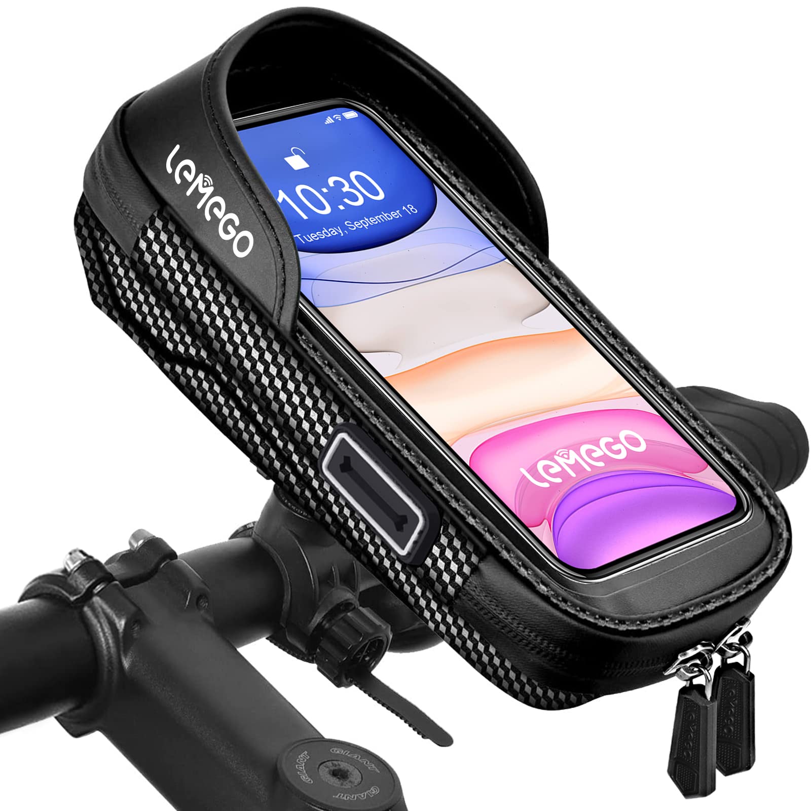 support-telephone-velo-180vdg.jpg LEMEGO Support Téléphone Vélo Etanche, Sacoche Vélo Guidon Cadre Porte Telephone Velo VTT Trottinette Electrique Rotation 360 avec Espace Rangement ... – Image 1